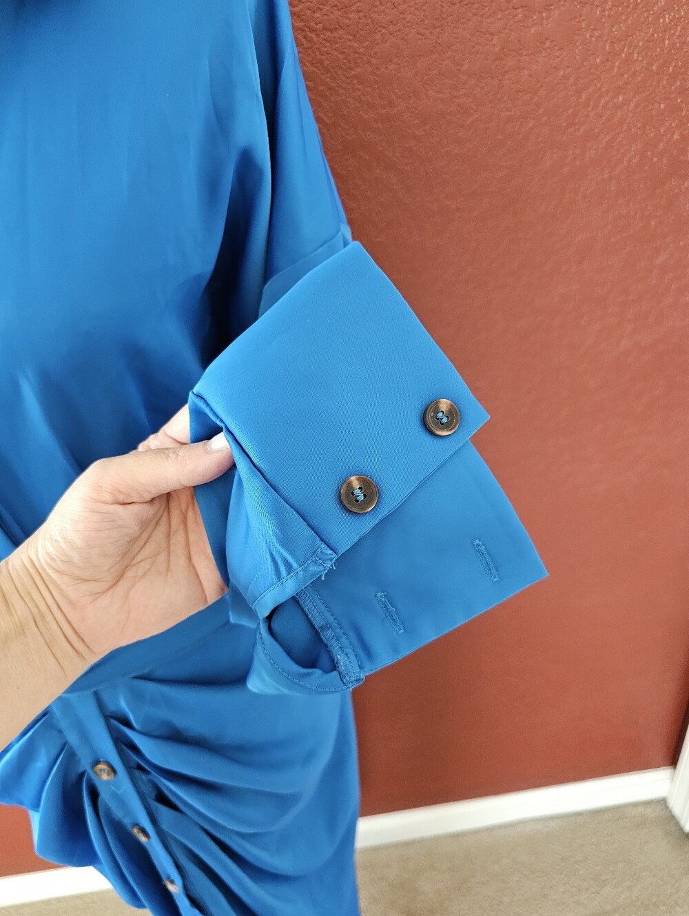 Asymmetrical Blue Satin Button-Front Dress with Waist Tie - Picture 9 of 13